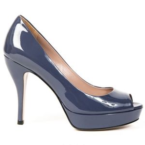 Gucci Blue Patent Leather Horsebit Peep Toe Pumps